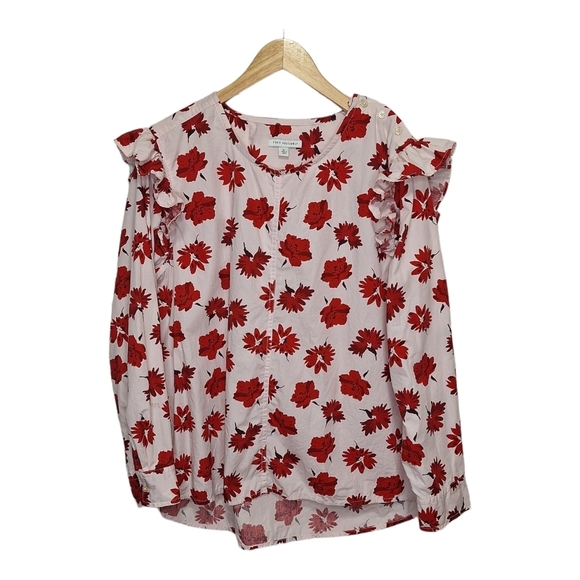 Free Assembly Womens Size XL Blouse‎ Top White Red Floral Button Shoulder Cotton - Picture 1 of 13